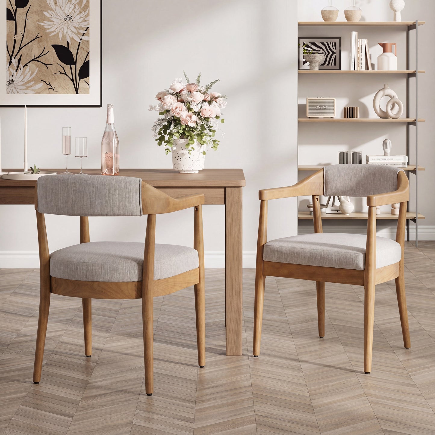 Wood Frame Upholstered Dining Chairs with Armrests (Set of 2) - Beige + Natural