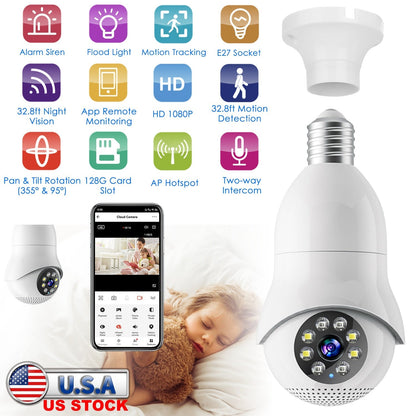 E27 WiFi Bulb Camera 1080P FHD WiFi IP Pan Tilt Security Surveillance Camera with Two-Way Audio Night Vision Flood Light Motion Tracking Siren Functio