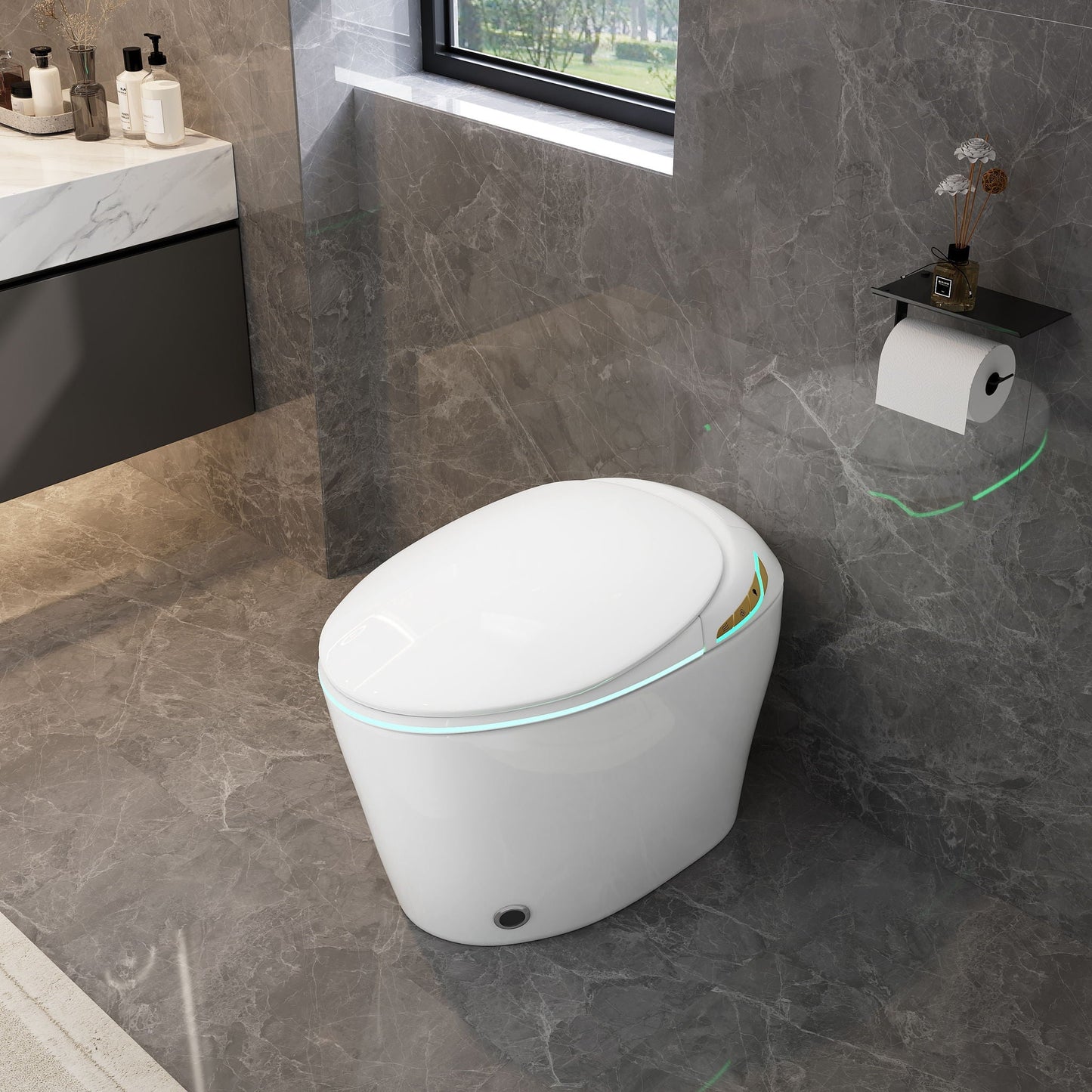 Unique Smart Toile With Built In Bidet, Auto Open / Close Seat, Foot Sensor, LED Display, Night Light, Warm Water & Dryer Ceramic