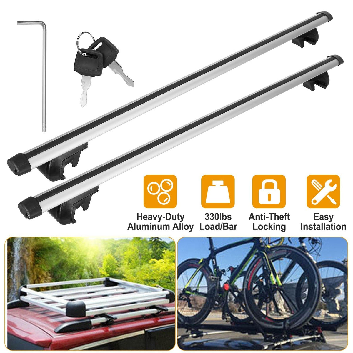 2Pcs Car Roof Top Crossbar Rack Aluminum Alloy Luggage Carrier Rack 330lbs Max Load w/Lock Fit Most Cars SUVs