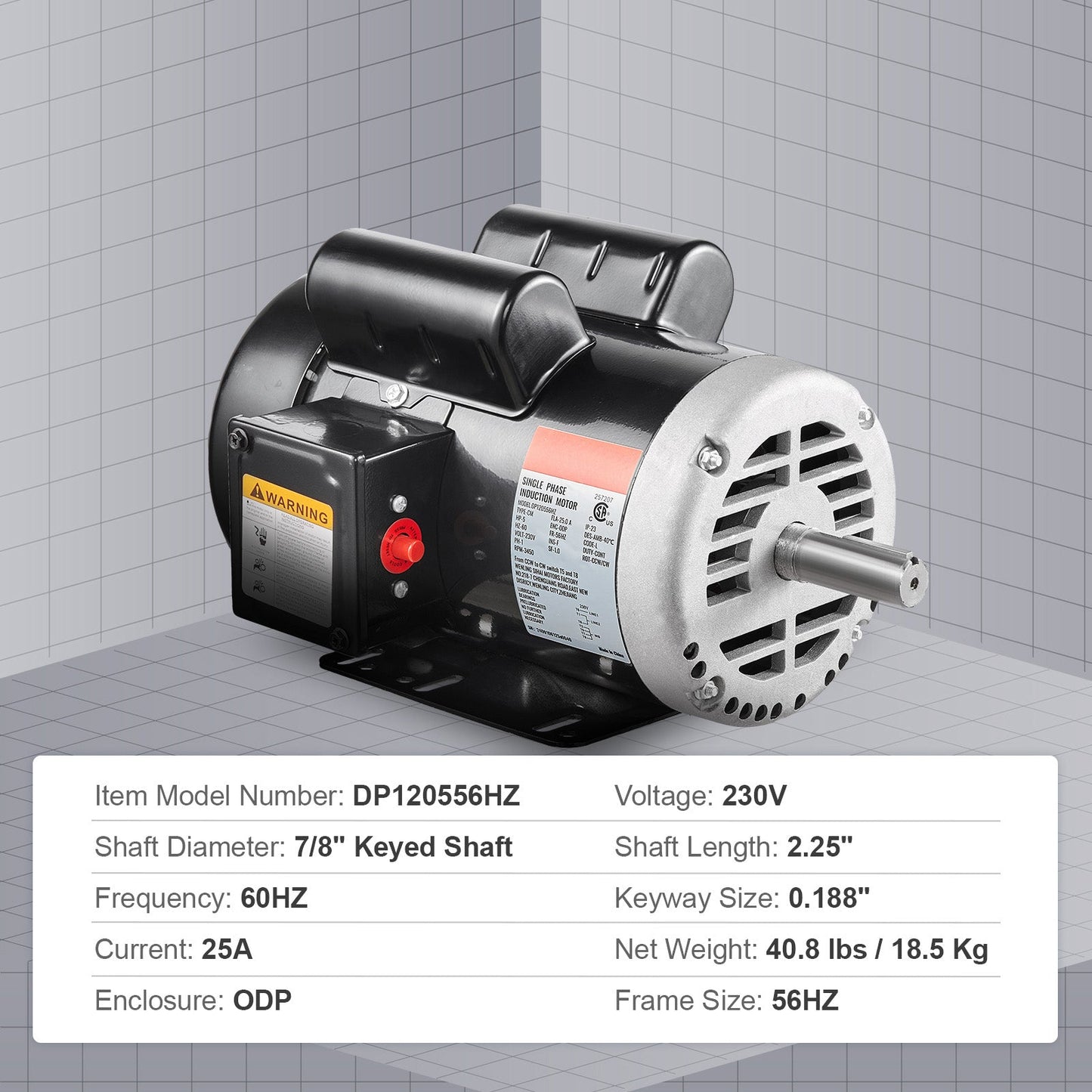5HP Air Compressor Electric Motor 230V 25A 3450RPM CW/CCW Rotation