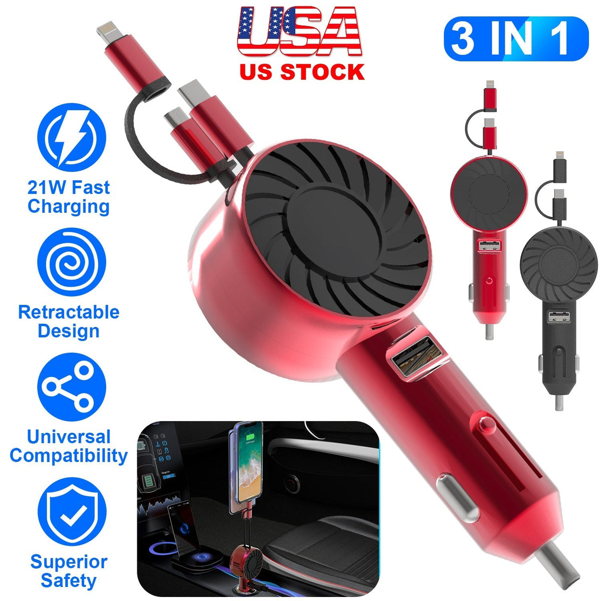 21W 3 In 1 Retractable Car Charger Fast Car Charger Mini Car Phone Charger with USB Port Type-C Cable LT & Micro Cable Fit For IOS Phone 15/14/13 And
