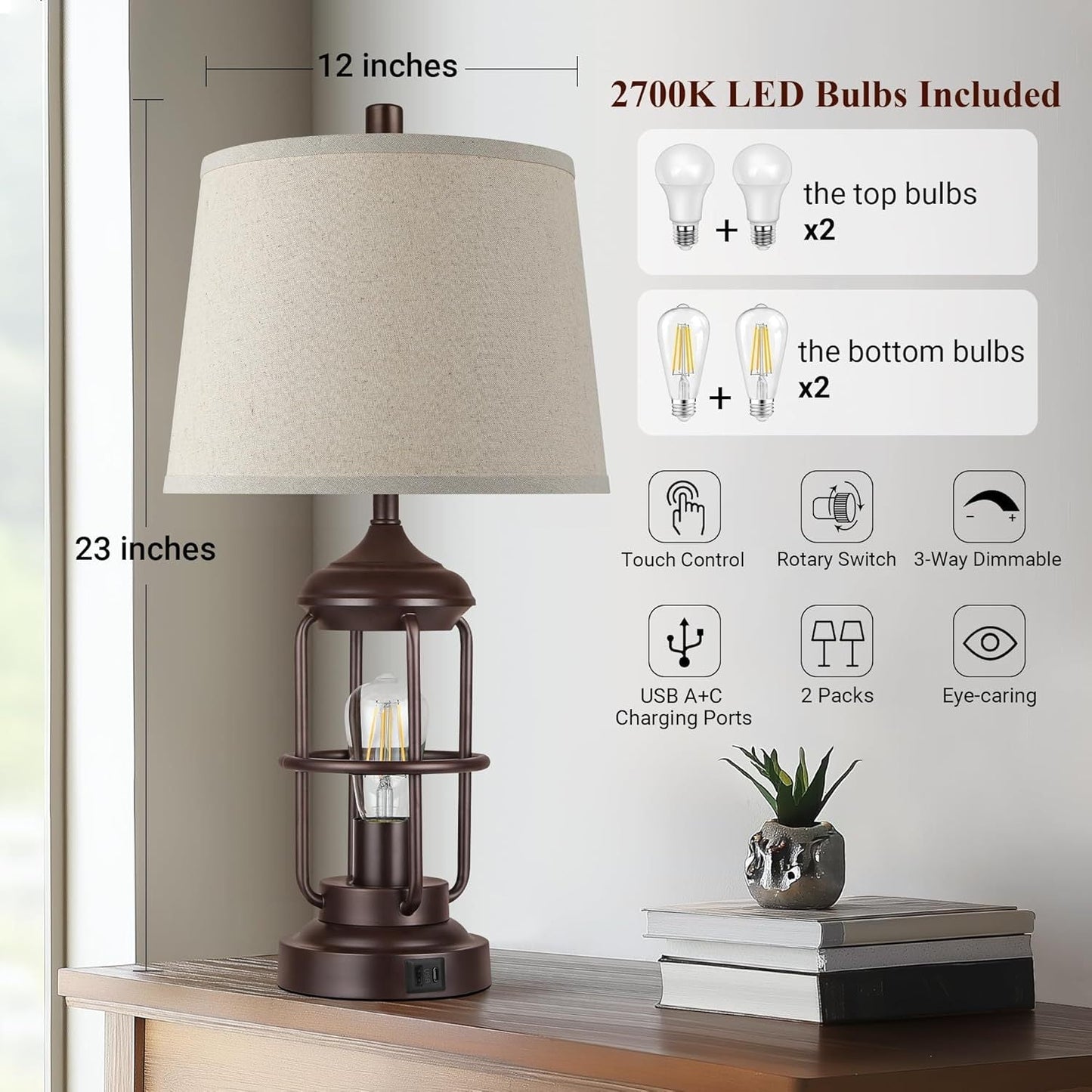 Table Lamp Set of 2 with USB Ports, Touch Control, and 3-Way Dimmable Light