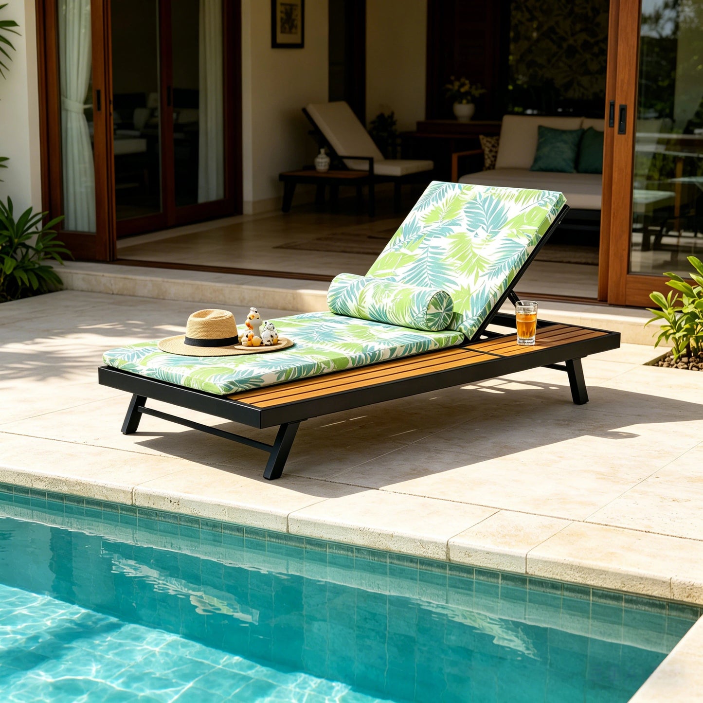Black Iron + Teak Finish Outdoor Chaise Lounge Set with Leaf Coconut Cushion