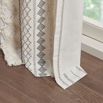 Cotton Printed Curtain Panel with Chenille Stripe and Lining Ivory 50x95