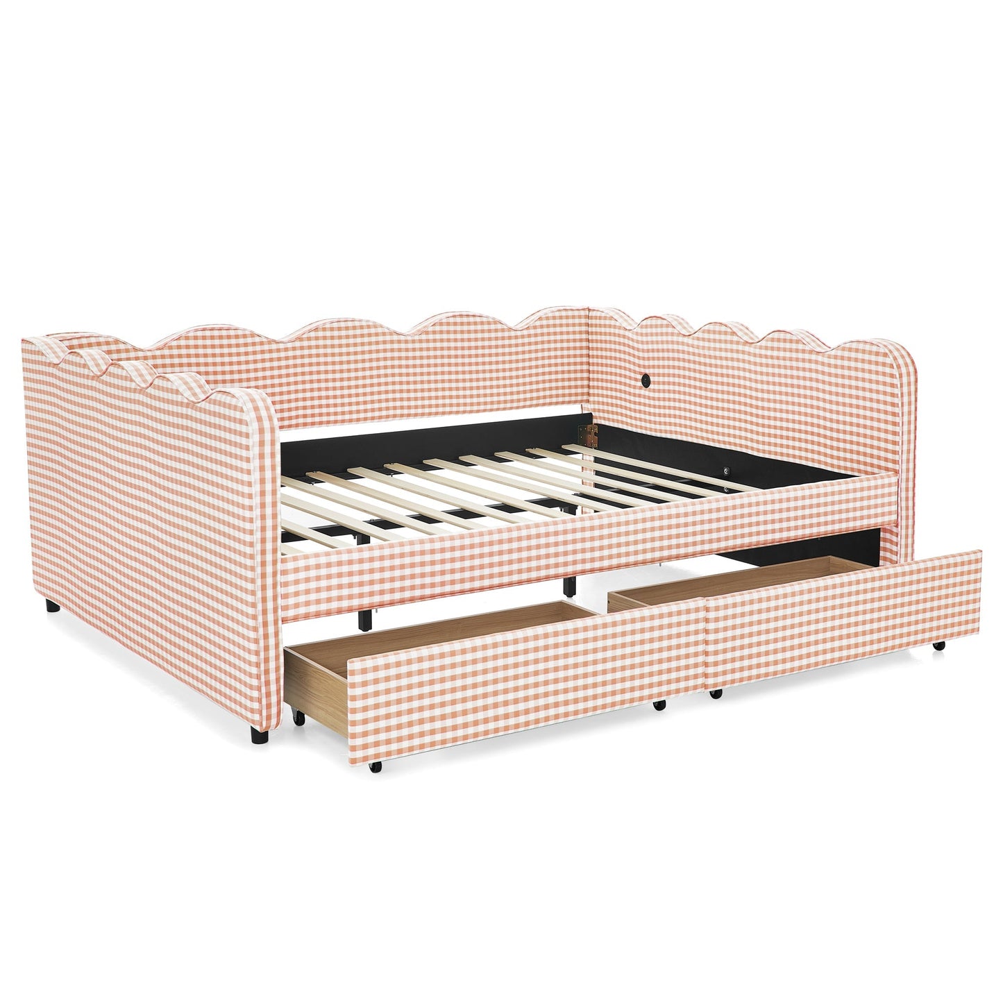 Queen Size Cozy Gingham Daybed with Two Storage Drawers and USB Port
