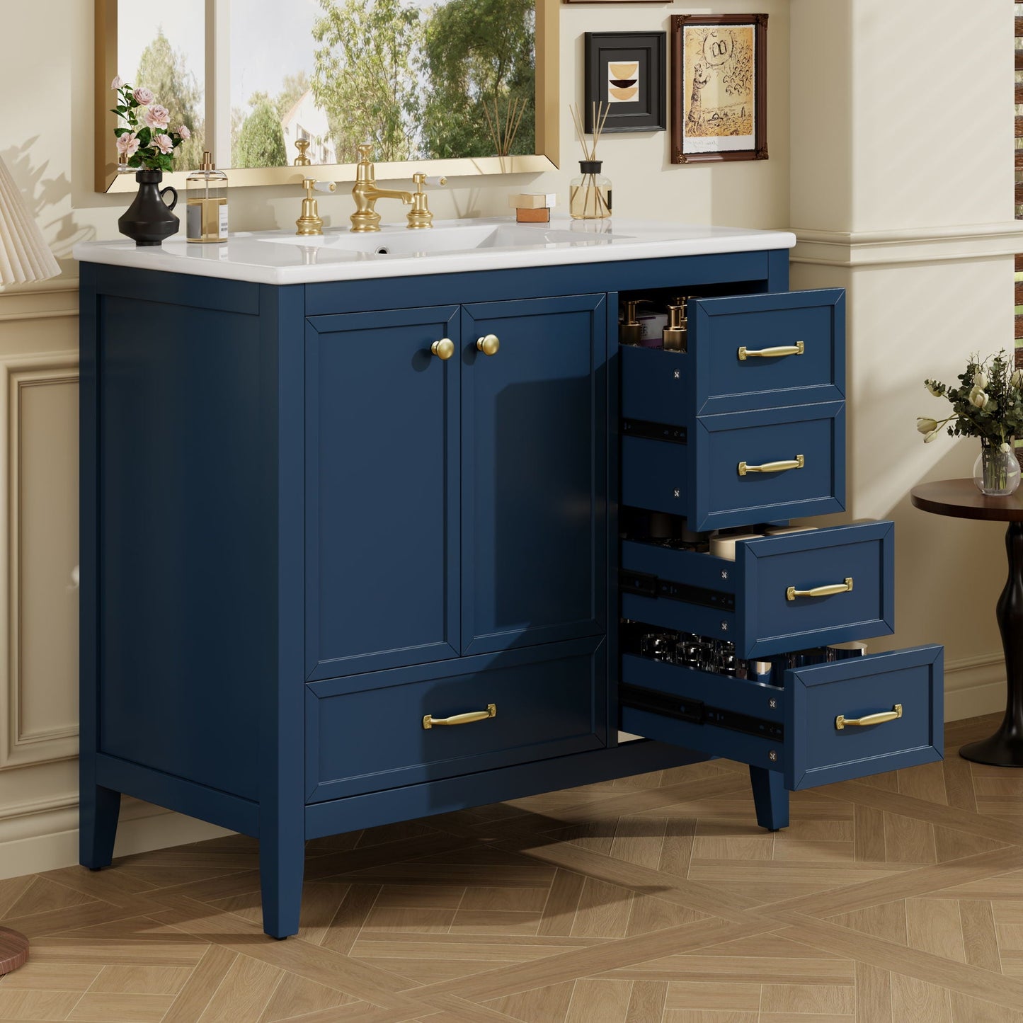 Elegant Vintage Bathroom Vanity With Sink and Soft Closing Drawers
