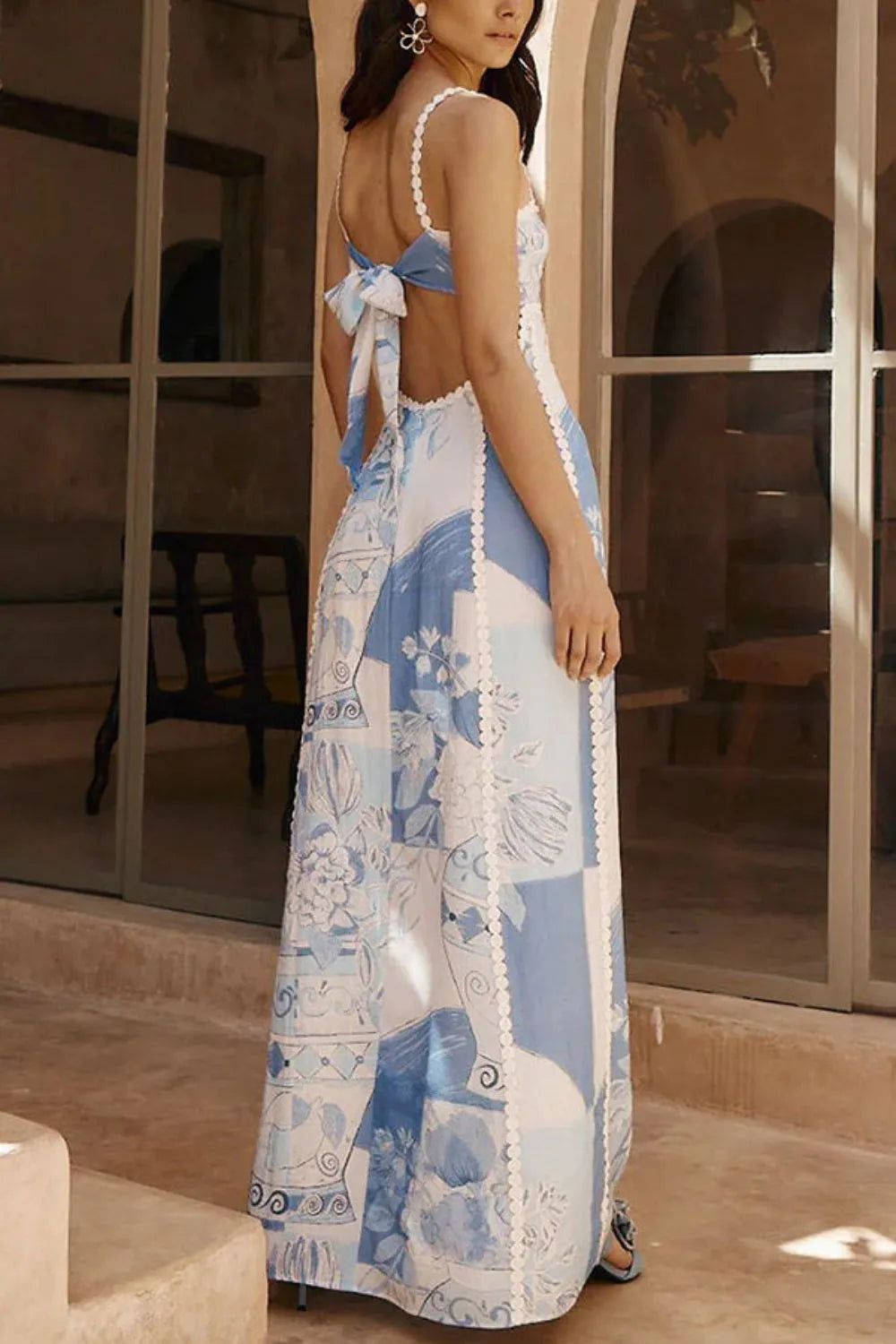 Cutout Back Printed Square Neck Maxi Dress