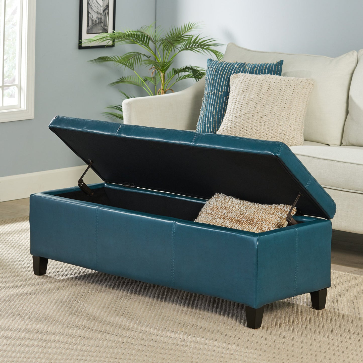 Upholstered PU Leather Storage Ottoman, Solid Wooden Legs