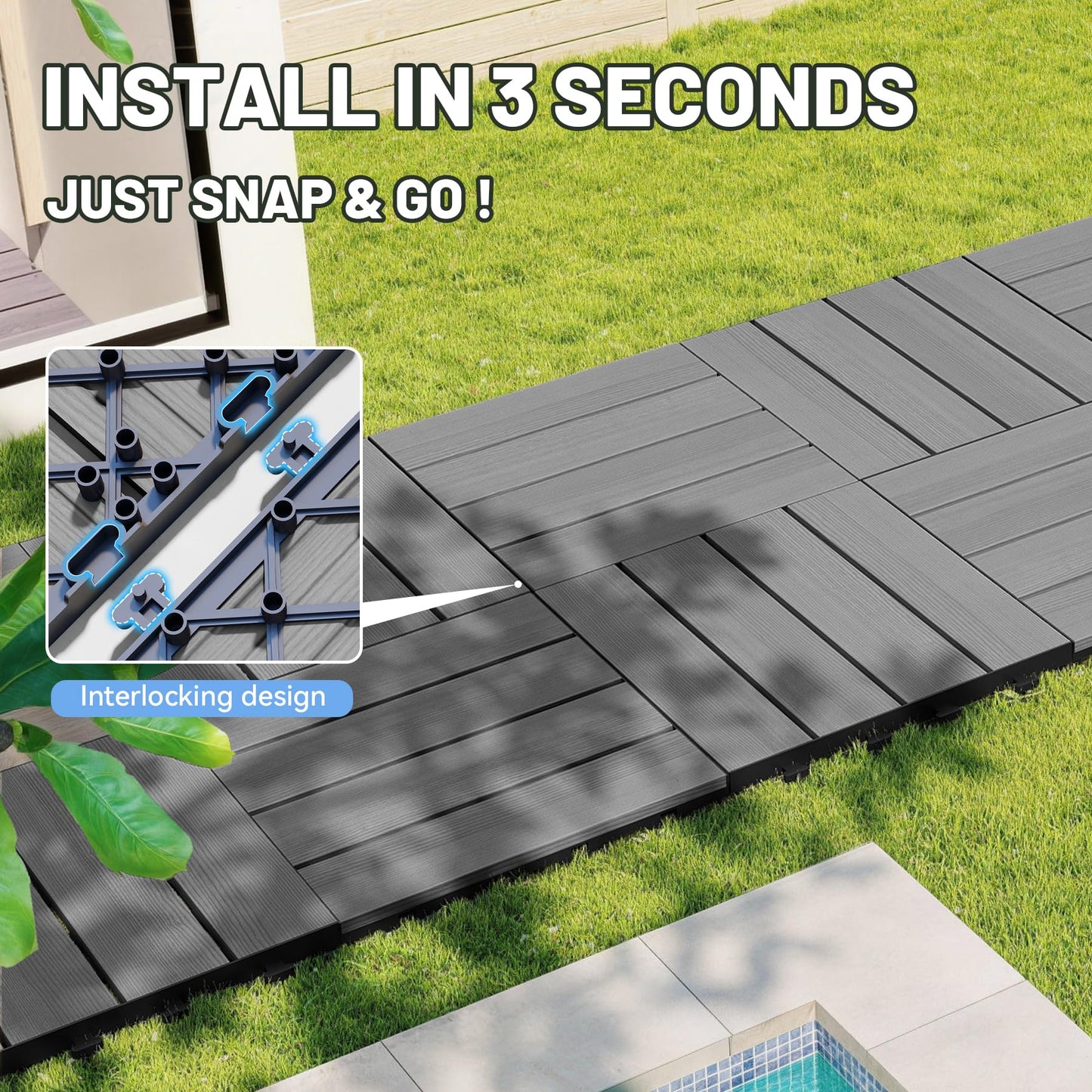 9 Pcs Interlocking Deck Tiles, 12" x 12" HDPE Outdoor Flooring