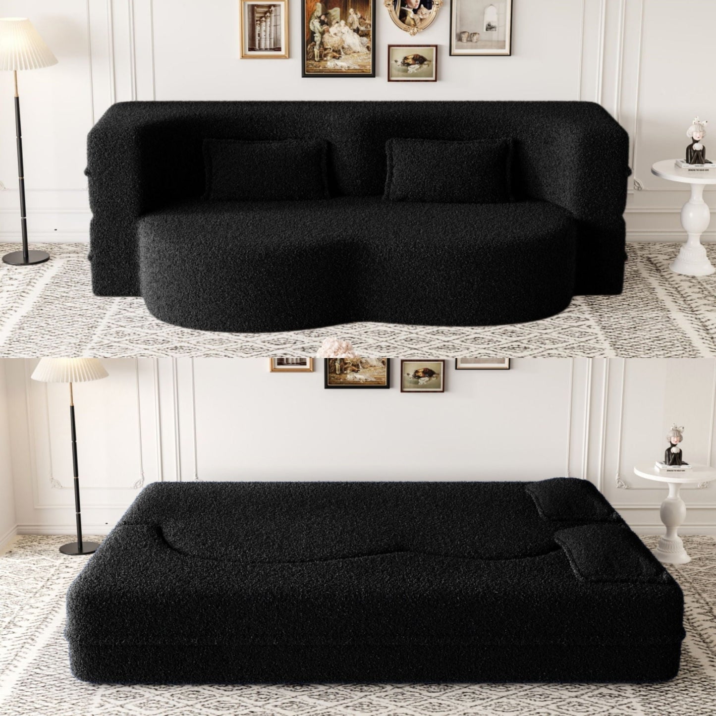 Modern Floor Sofa With Two Pillows Convertible Teddy Fabric Foam Filled Bed
