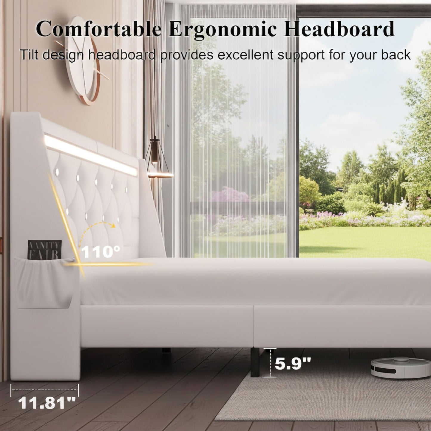 Wingback Upholstered Bed Frame With LED Lights, Charging Station