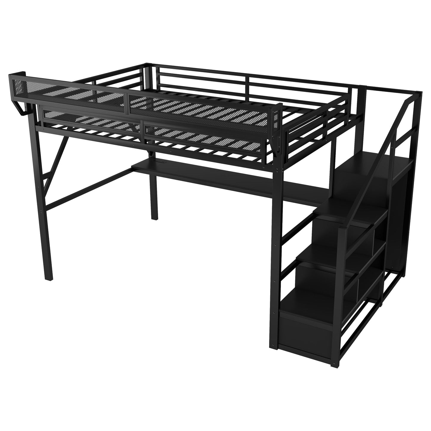 Loft Bed With Desk And Charging Station With Stairs And Light