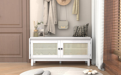 TREXM Boho Rattan Entryway Bench with Storage
