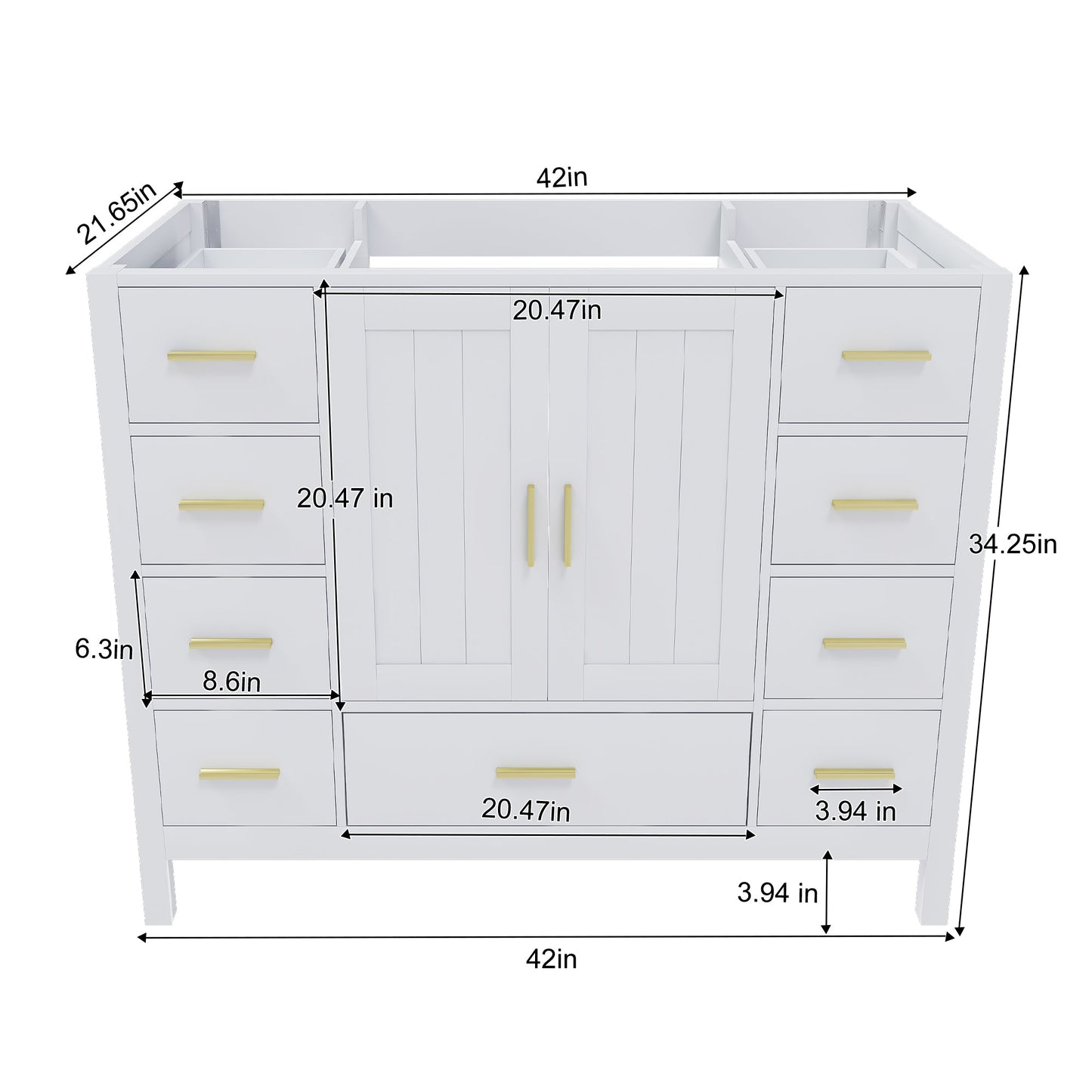 42" Bathroom Vanity Base Cabinet with 2 Soft-Close Double Doors & 9 Smooth Drawers