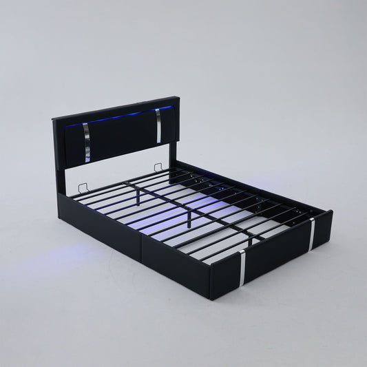 Upholstered Platform Bed Frame With Adjustable LED Headboard, USB C-Charging, Hydraulic Lift