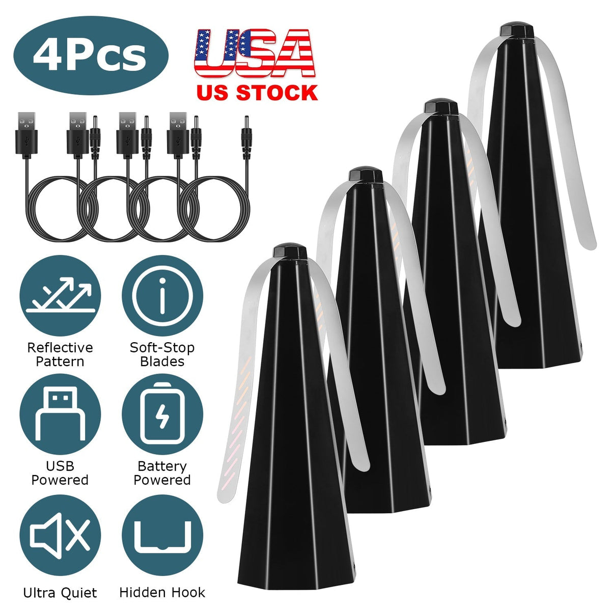 4Pack Fly Table Fans Battery USB Powered Bug Fans Food Fans Fly Table Spinners Traps with Hook for Party BBQ Picnic Camping