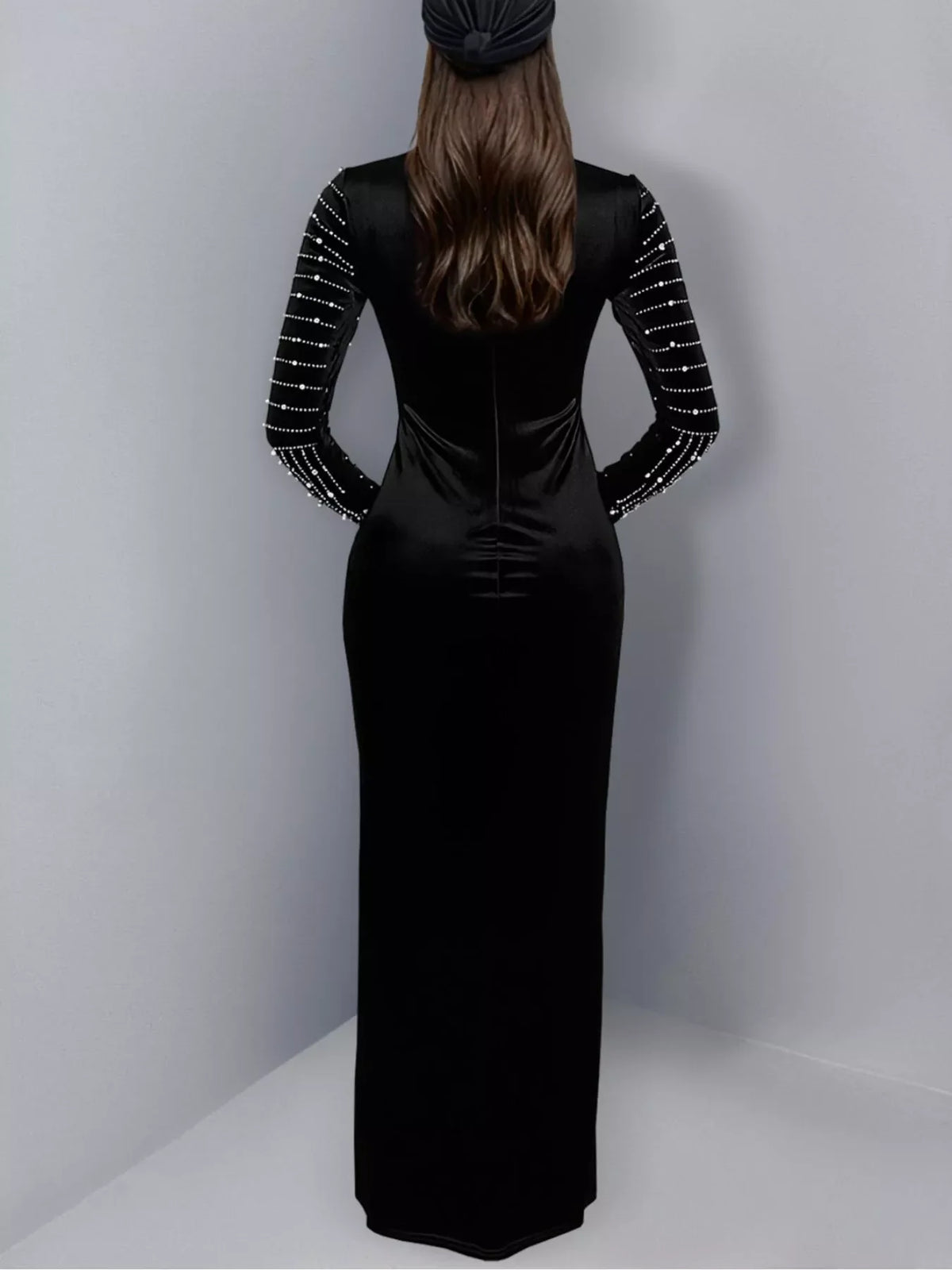 Rhinestone Embellished Mock Neck Long Sleeve Maxi Dress