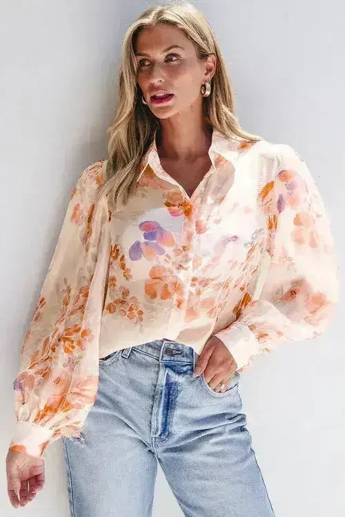 White Balloon Sleeve Floral Shirt - Loose Fit Blouse | Femstylo