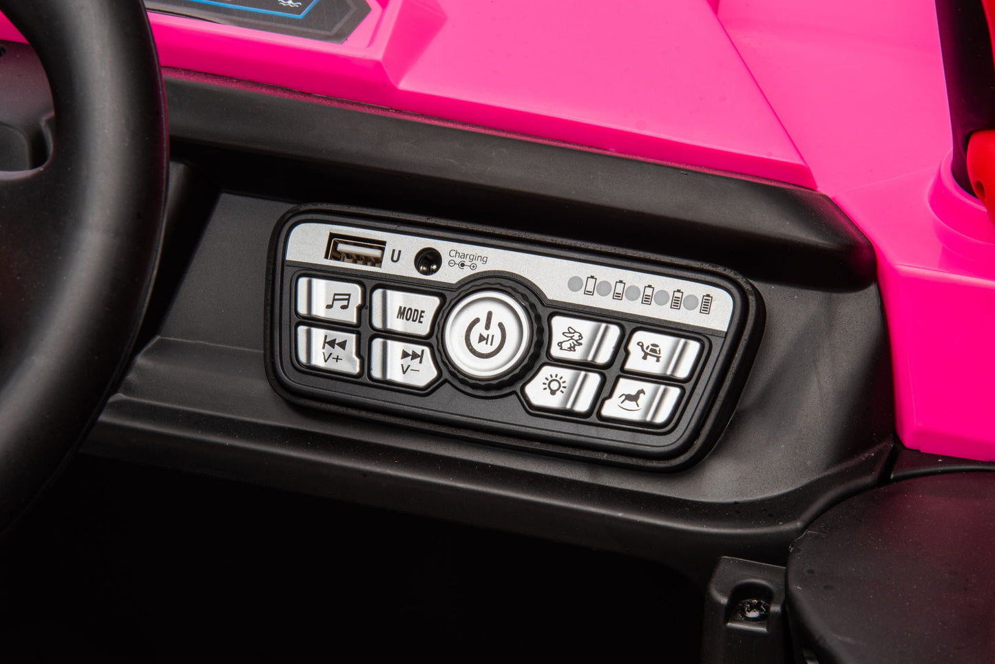 12V7A*1 30W*4 Four-Wheel Drive Seat One Button Start, Forward And Backward, High And Low Speed, Music, Front Light, Power Display, Two Doors Can Open, 2.4G R / C, Seat Belt Four Wheel Absorber