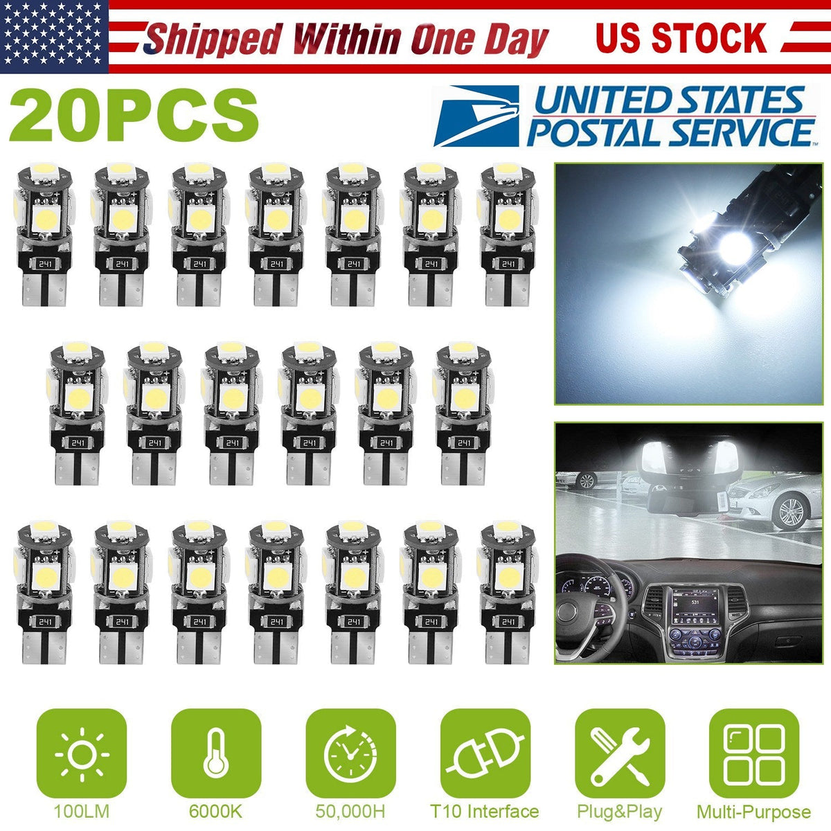20Pcs T10 SMD5050 LED Light Bulbs 6000K Wedge Light Lamps Dome Map License Plate Car Interior Festoon Lights Kits