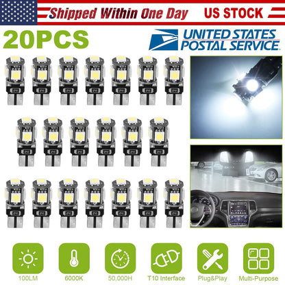 20Pcs T10 SMD5050 LED Light Bulbs 6000K Wedge Light Lamps Dome Map License Plate Car Interior Festoon Lights Kits