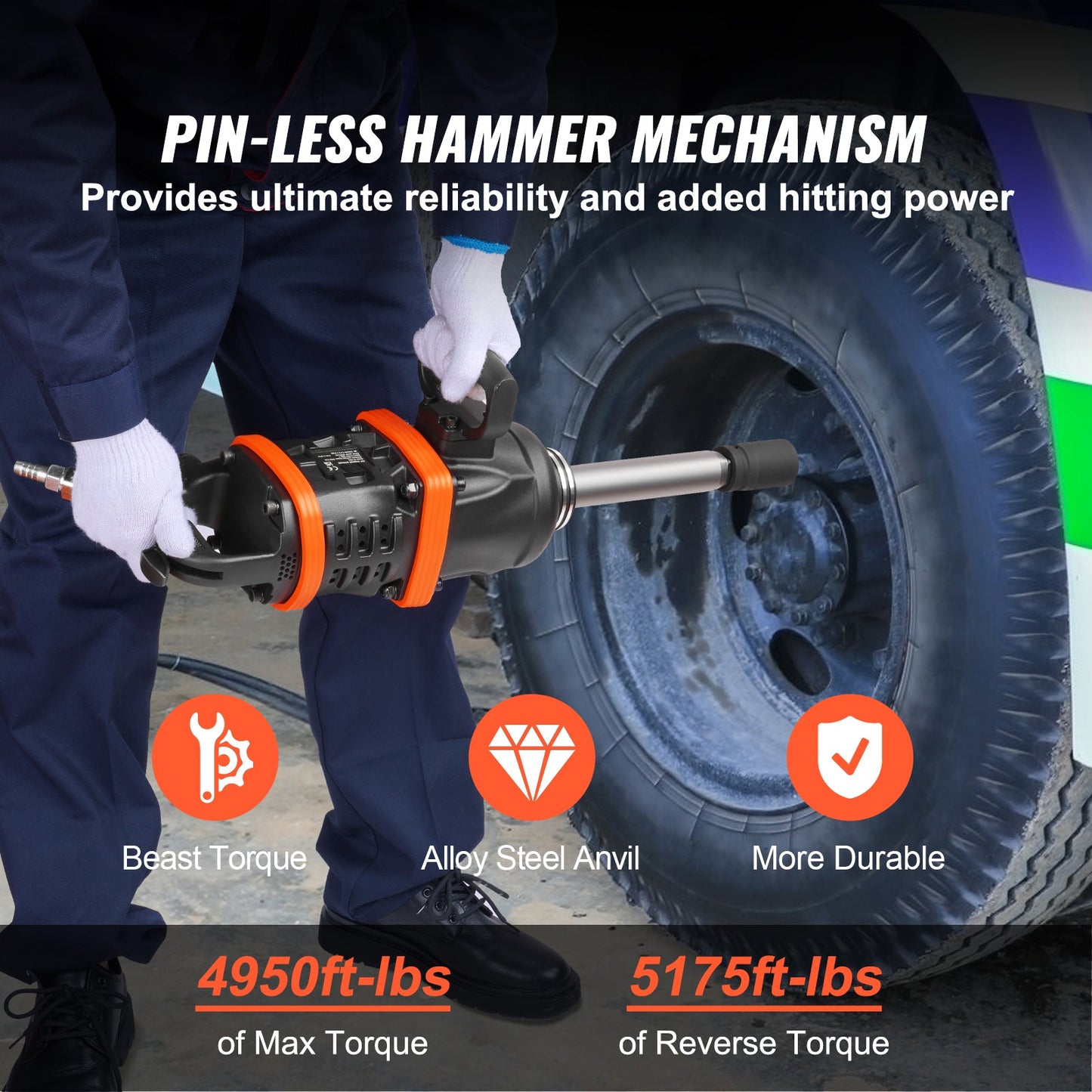 1 Inch Air Impact Wrench with 5175 ft-lbs Torque and 8 Inch Extended Anvil