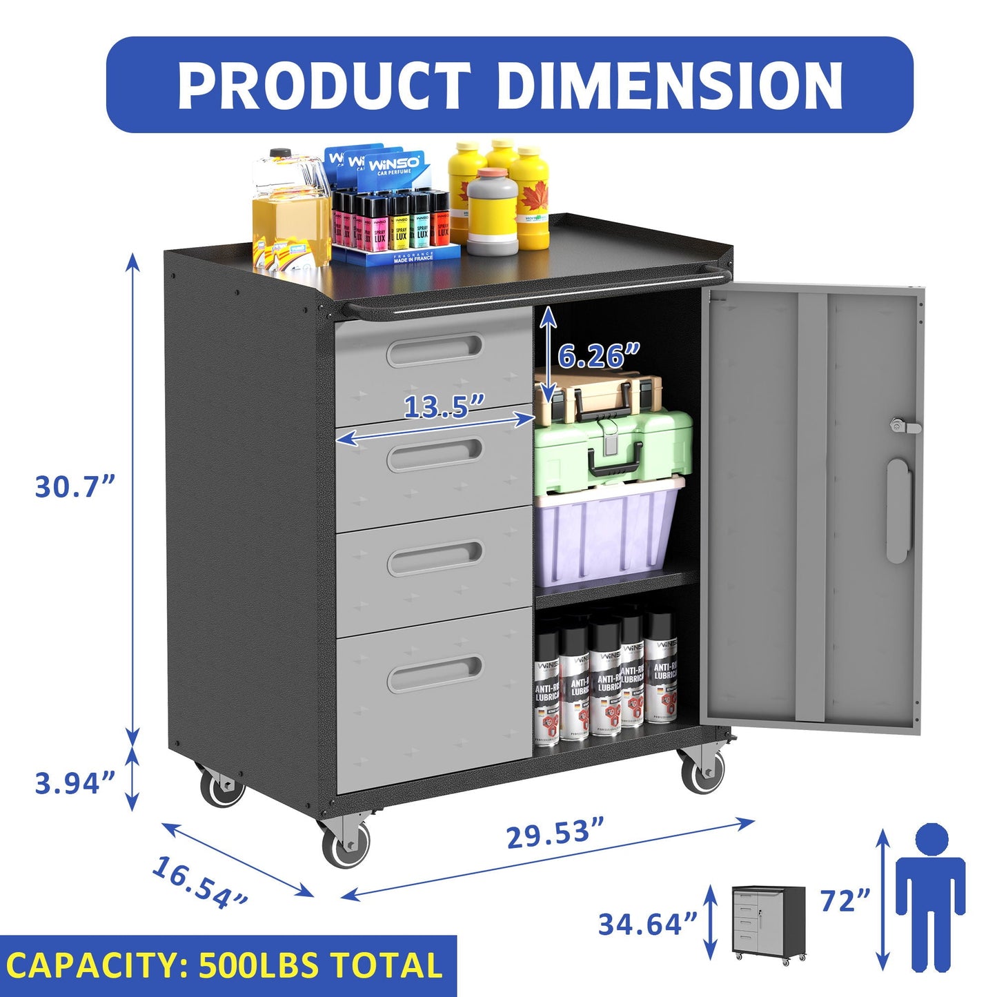 Sturdy Metal Tool Storage Cabinet With Wheels Durable Garage, Office & Home Organizer Steel