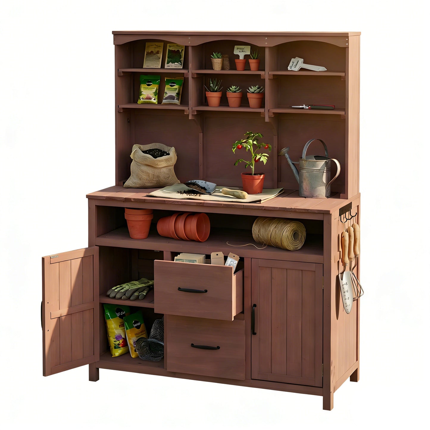 TOPMAX Large Fir Wood Potting Bench with Hutch and Storage