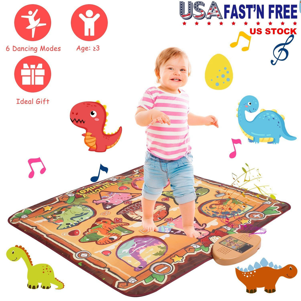 Dinosaur Dance Mat for Kids Aged 3-6 Electronic Music Dance Pad with 7 Gaming Modes Built-in Music Adjustable Volume Optimal Gift for Boys Girls