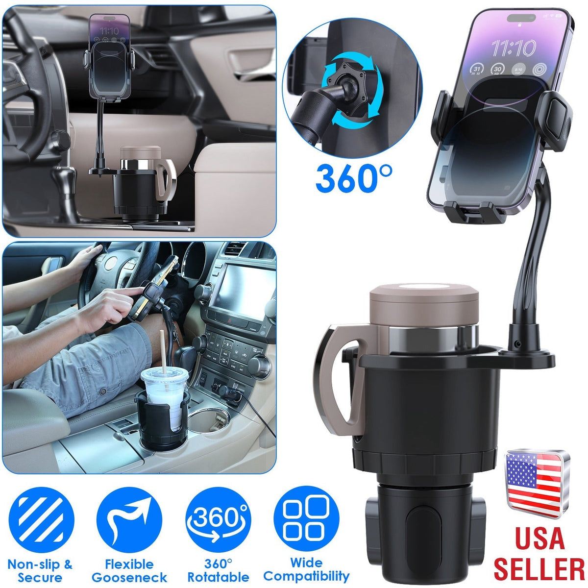 2 In 1 Car Cup Phone Holder Automotive Drink Holder with 360¡ Rotating Gooseneck Phone Mount Adjustable Base Fit for Most Phones Cups Vehicles