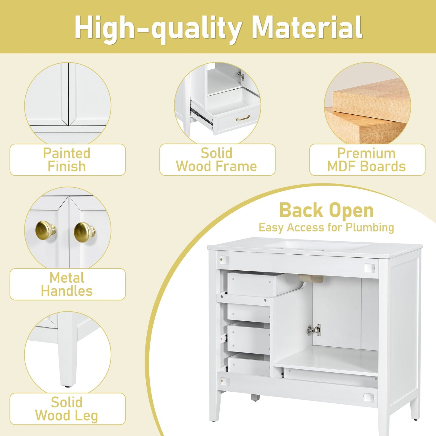 Elegant Vintage Bathroom Vanity With Sink and Soft Closing Drawers