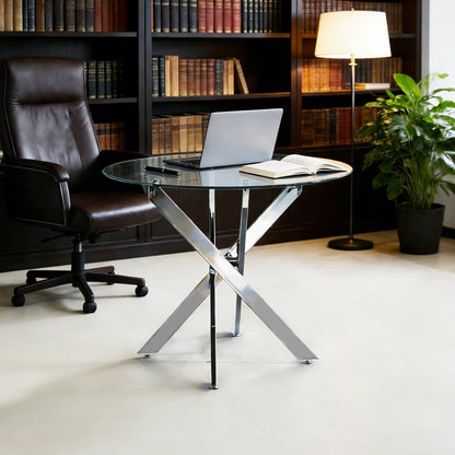 Dining Table With Cross Metal Leg And Tempered Glass, Modern Space Saving Kitchen Table For Living Room