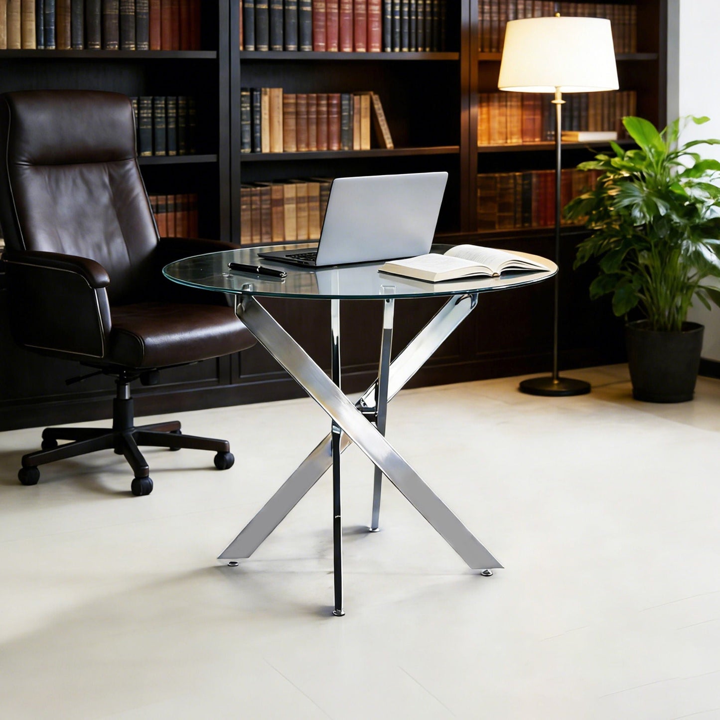 Dining Table With Cross Metal Leg And Tempered Glass, Modern Space Saving Kitchen Table For Living Room