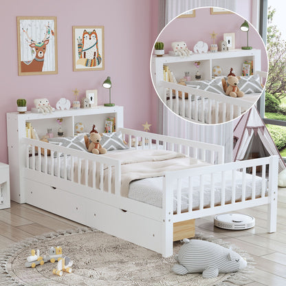 Bed With Headboard Storage Rack, 2 Under Bed Drawers, 3 Side Guardrails For Safety