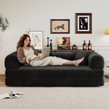 78.8' Compression Sofa,Convertible Floor Sofa Bed-with Pillow Back Support Armrest,Comfy Futon Couch Sleeper Bed,Loveseats Boneless Modular Sectional Sofa,Corduroy fabric,for Living Room,Bedroom,Black
