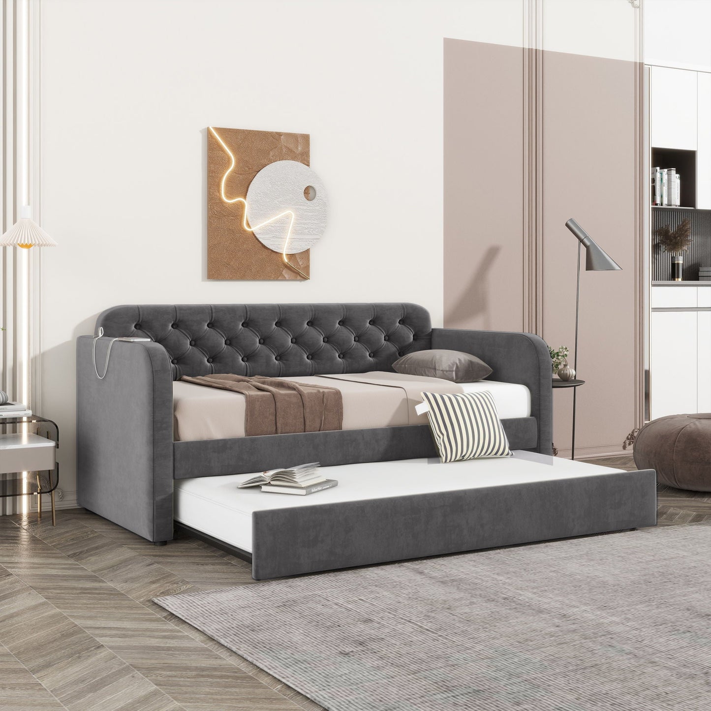 Upholstered Daybed With Trundle And USB Charging Design