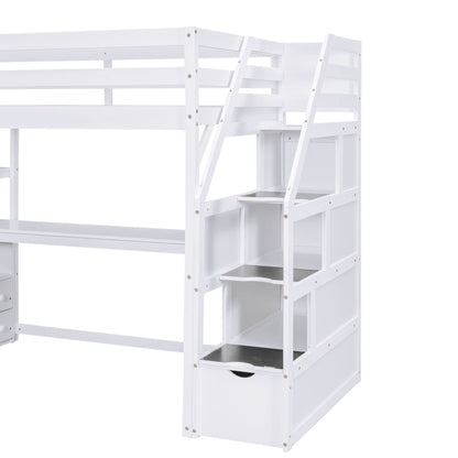 Loft Bed With Desk, Shelves, 2 Drawers, Storage Staircase