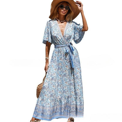 Women's V-Neck Tie-Waist Printed Bohemian Dress Short Sleeve Floral Maxi Dress Summer