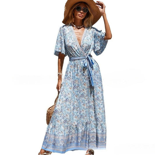 Women's V-Neck Tie-Waist Printed Bohemian Dress Short Sleeve Floral Maxi Dress Summer
