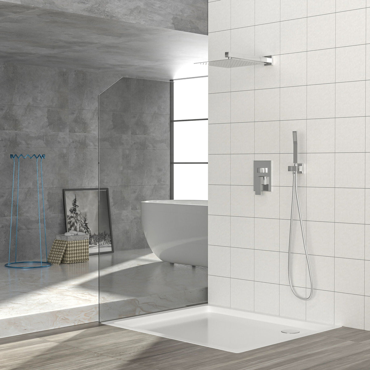 Dual Shower Head System With 12" Square Rain Shower And Rough In Valve