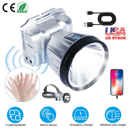 Rechargeable Headlamp High Power Headlight Torch Flashlight with Motion Sensor 3 Light Modes for Fishing Running Camping Hiking