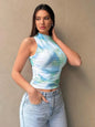Printed Mock Neck Ruched Tank