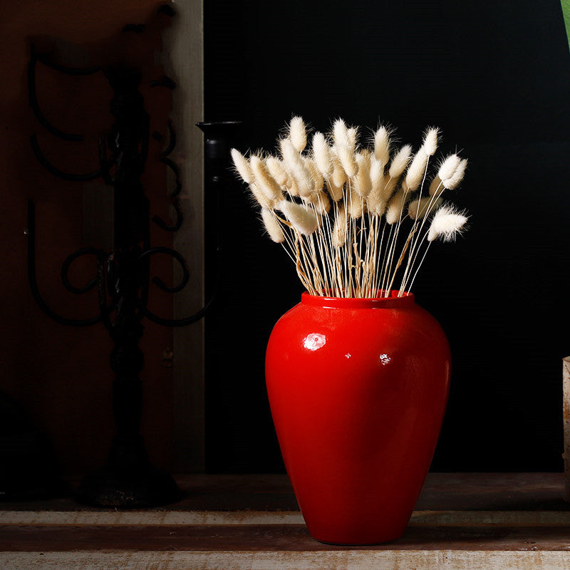 New Glossy Red Ceramic Living Room Decor Synthetic Flowers Vase