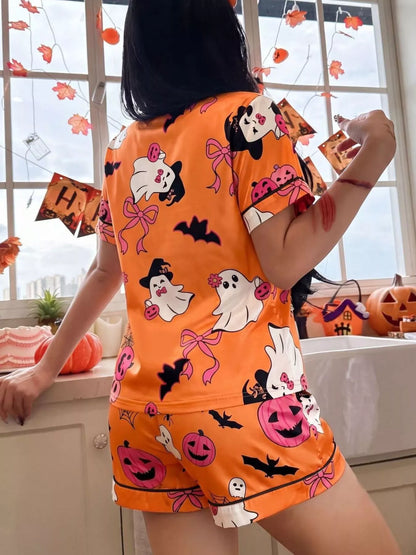 Halloween Ghost Print Button-Down Top and Shorts Lounge Set