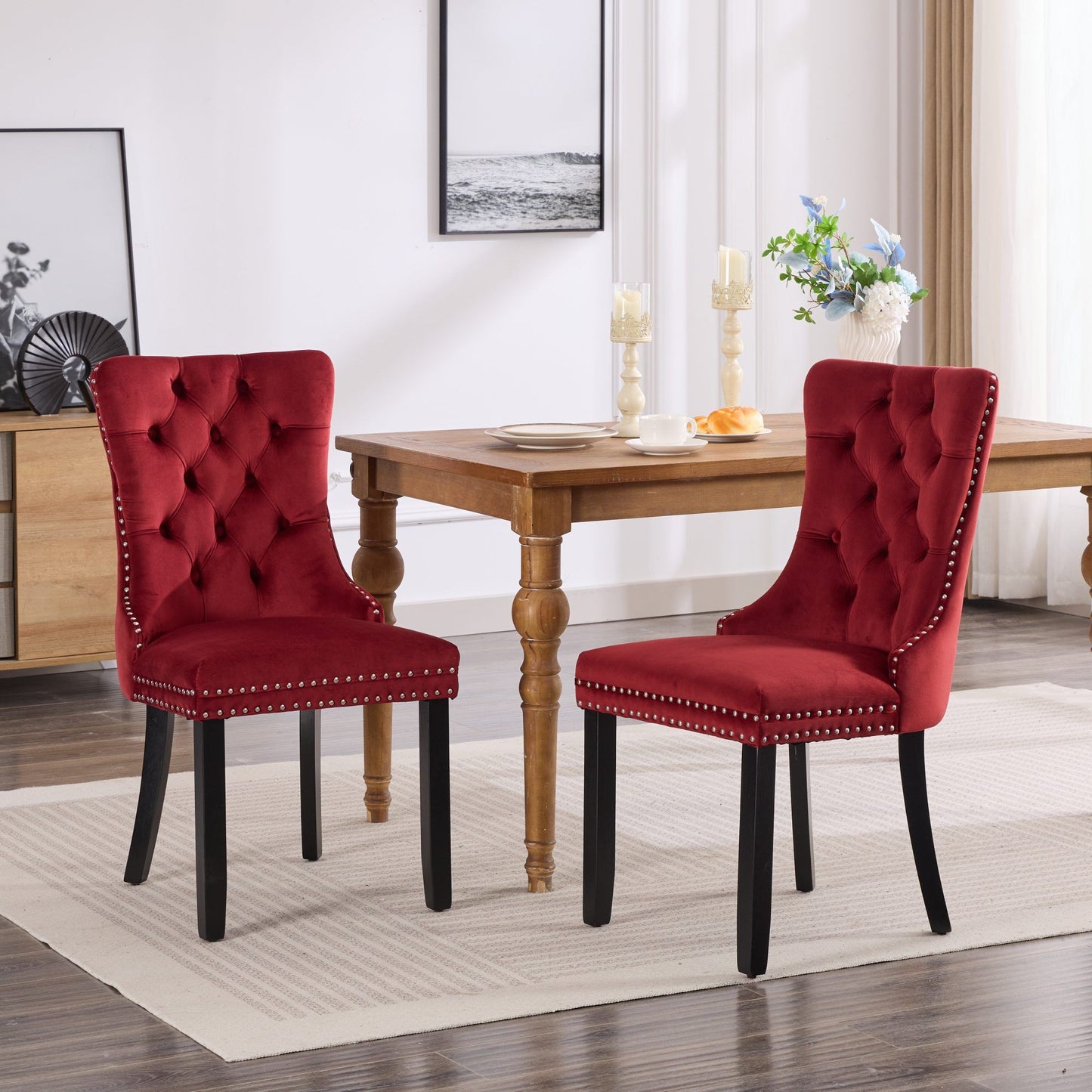 Classic Velvet Dining Chairs - Burgundy (Set of 2)