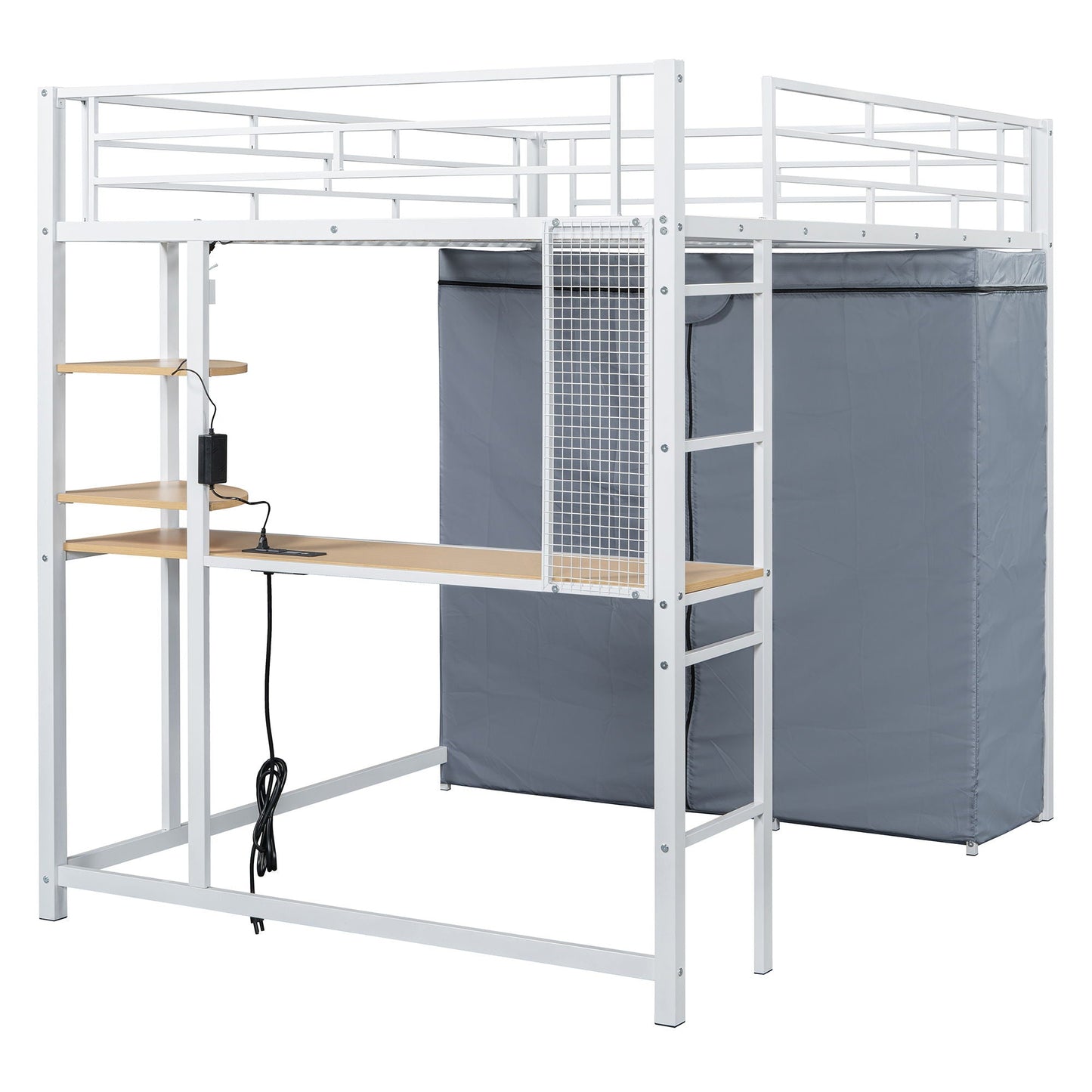 Loft Bed With Desk, Shelves, Power Outlet, LED Light And Wardrobe