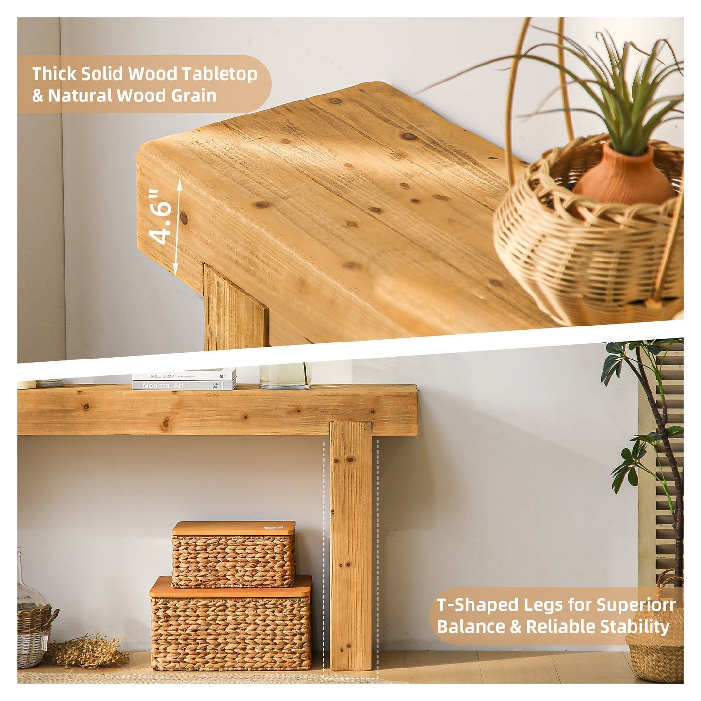 63" Solid Wood Console Table – Rustic Farmhouse Sofa Table