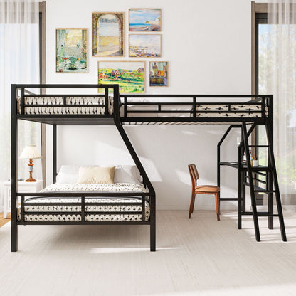 Twin Over Full Bunk Bed With Loft And Desk, L-Shaped Design For 3 Sleepers - Black