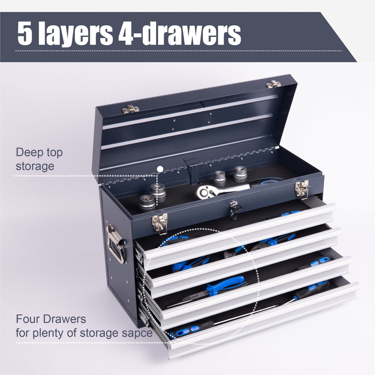 Heavy Duty Metal Tool Box, 21-inch with 4 Drawers